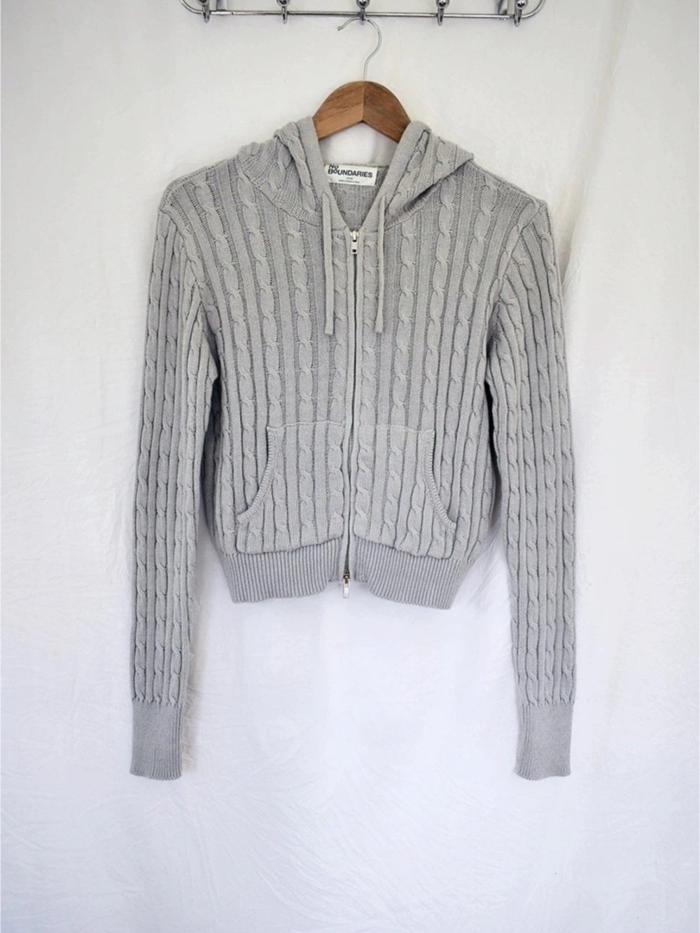 Y2K Cable Knit Zip Up Hoodie Lightweight Heather Gray Size S - Picture 2 of 7